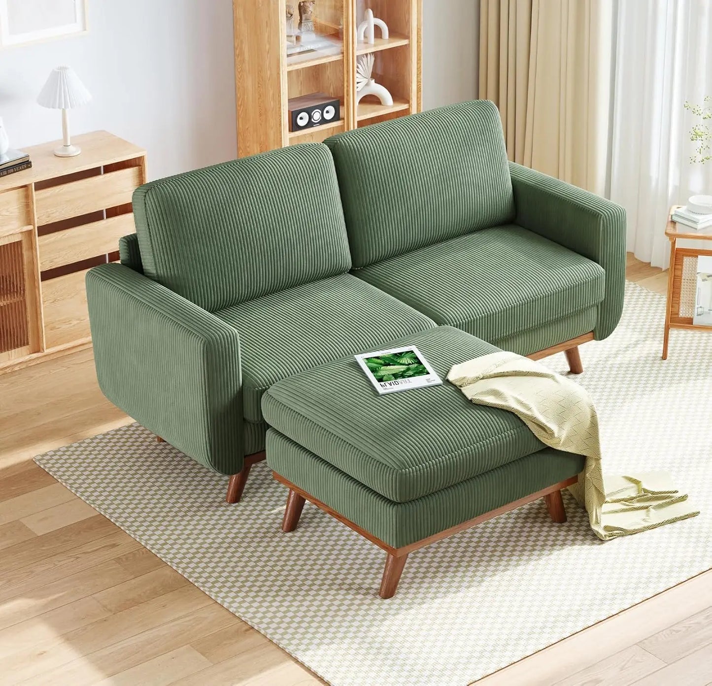 INDOOR 97" L-Shape Modular Sectional Sofa 3-Seat Corduroy Movable Otto green,black, Customized