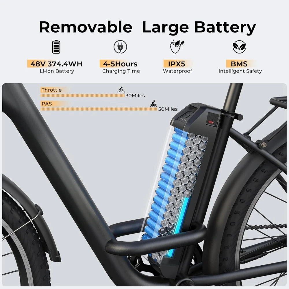 Electric Bike, 1000W Peak 48V Removable Battery, Adjustable Stem, Front Suspension,7 Speed, 26"