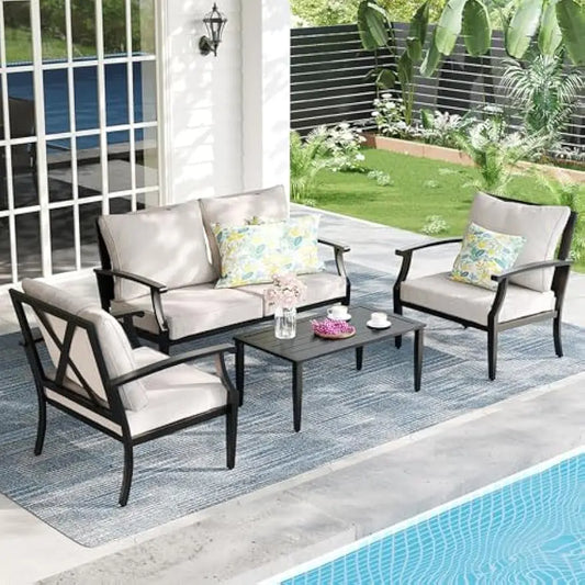 4-Piece Set, Wider Outdoor Metal Seating Sofa ,High Back & Loveseat, Coffee Table, All Weather Metal