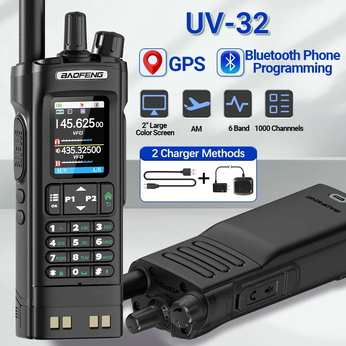 GPS Walkie Talkie 10W Long Range Multi Band Bluetooth APP Programming Wireless Copy Frequency Type-C