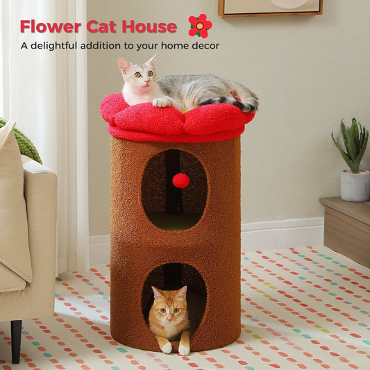 Double-Deck Cat House, Cozy Large Condos, Luxury Flower Perch, Pompom Ball, Cat Furniture indoor