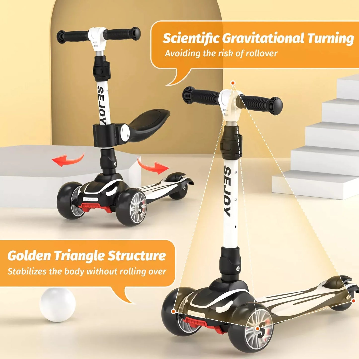 Toddler Kick Scooter,Childrens Foldable Seat Outside Bike Toy Scooter, Adjustable Height/Handlebars