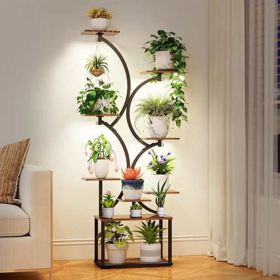 indoor,Grow Lights, 64 Tall 9Tier SShaped Modern Plant Shelf,Rustic Wood Boards, Decorative Metal