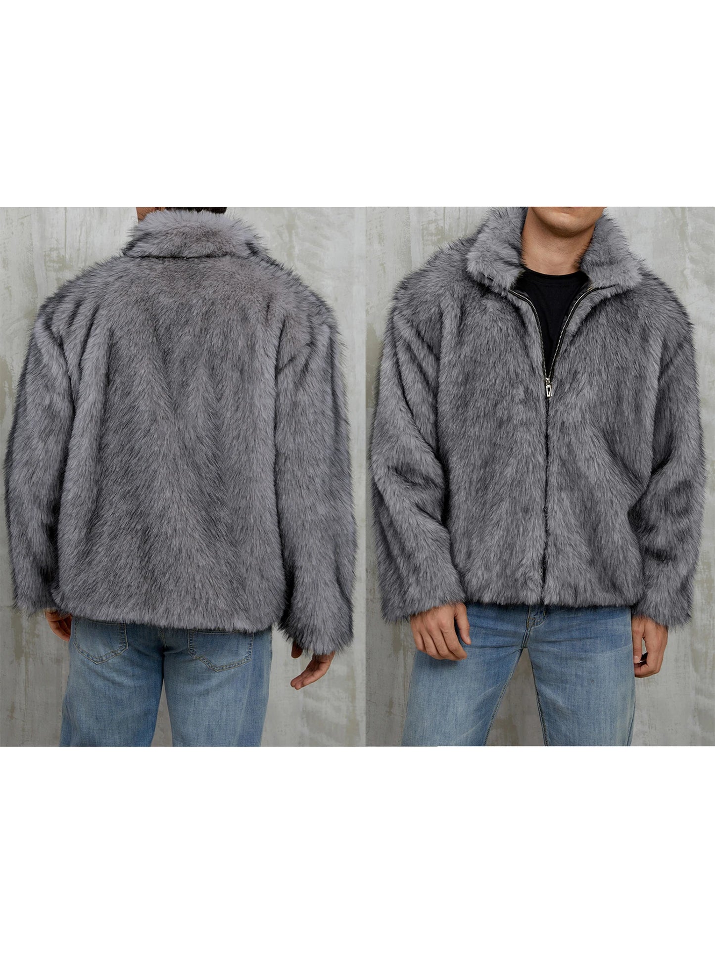 Men s Faux Fur Jacket Winter Thick Long Sleeve Stand Collar Loose Zip Up Warm Outwear Windbreaker