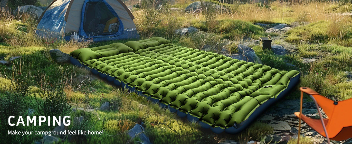 Double Sleeping Pad 4" Thick for 2 Person, Pillow Built-in Foot Pump Inflatable Backpacking Hiking