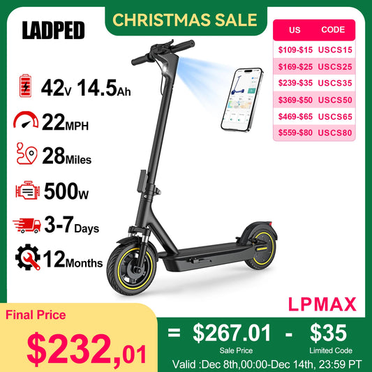 LPMAX 10" tires Folding E-Scooter 22MPH Max Speed 500W 14.5AH 28Miles Long Range Dual Shock Absorber