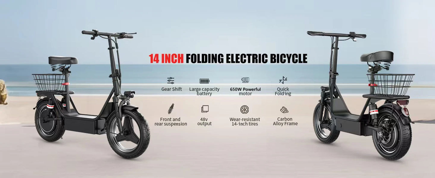 E-Scooter Adults,650W Peak Motor,48V15AH Battery, Seat,Up to 20MPH,25Miles Long Range,With Basket