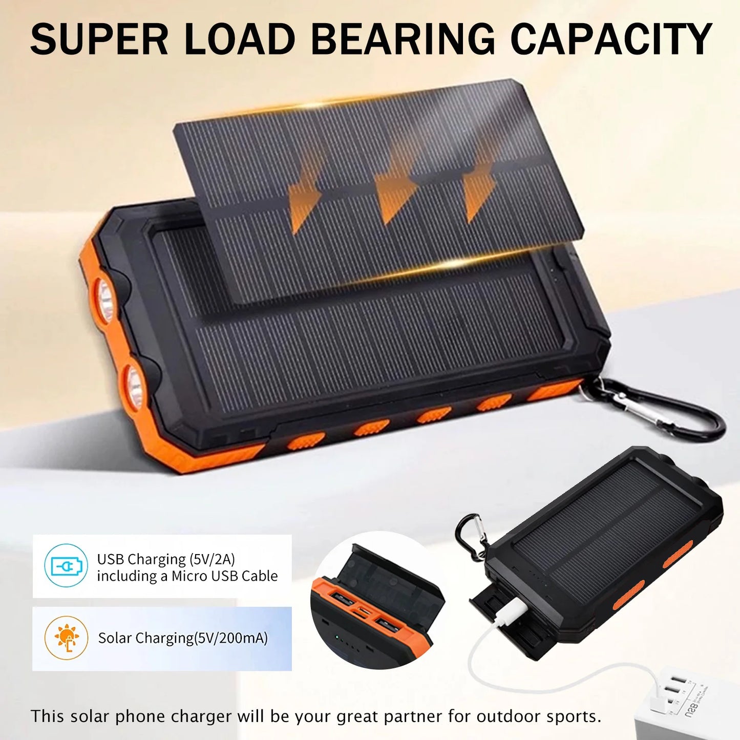 20000mAh Solar Power Bank Portable Charger Waterproof Dual 5V USB Ports 2 LED Light Flashlight Cell
