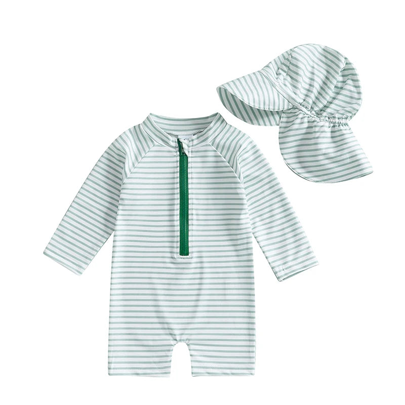Infant Boys Girls Sun Protection Swimwear Set,Hat 2 Piece UV Rash Guard Zip Long Sleeve Crew Neck