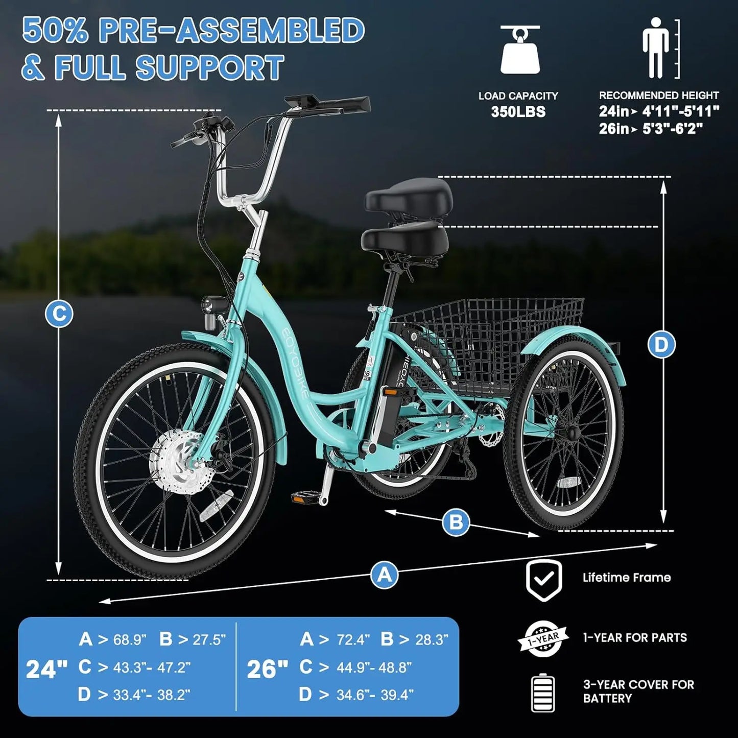 E-Tricycle, Adults, 350W 36V,Motorized Three Wheel , 7 Speeds 3 Wheels, Customized