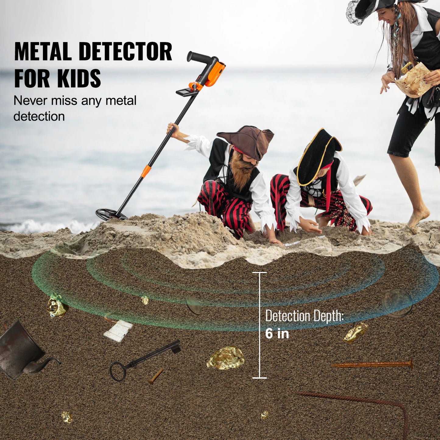 SB Metal Detector, Kids, 6 Inch 25''-37'' Adjust Length IP68 Waterproof, LCD Display Detecting Gold