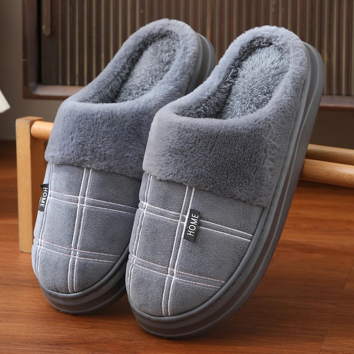 Men Home Slippers Plaid Memory Foam Winter Plush Warm Non-Slip Black Large size 50-51 Fashion