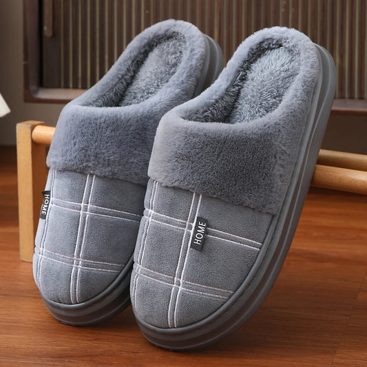 Men Home Slippers Plaid Memory Foam Winter Plush Warm Non-Slip Black Large size 50-51 Fashion