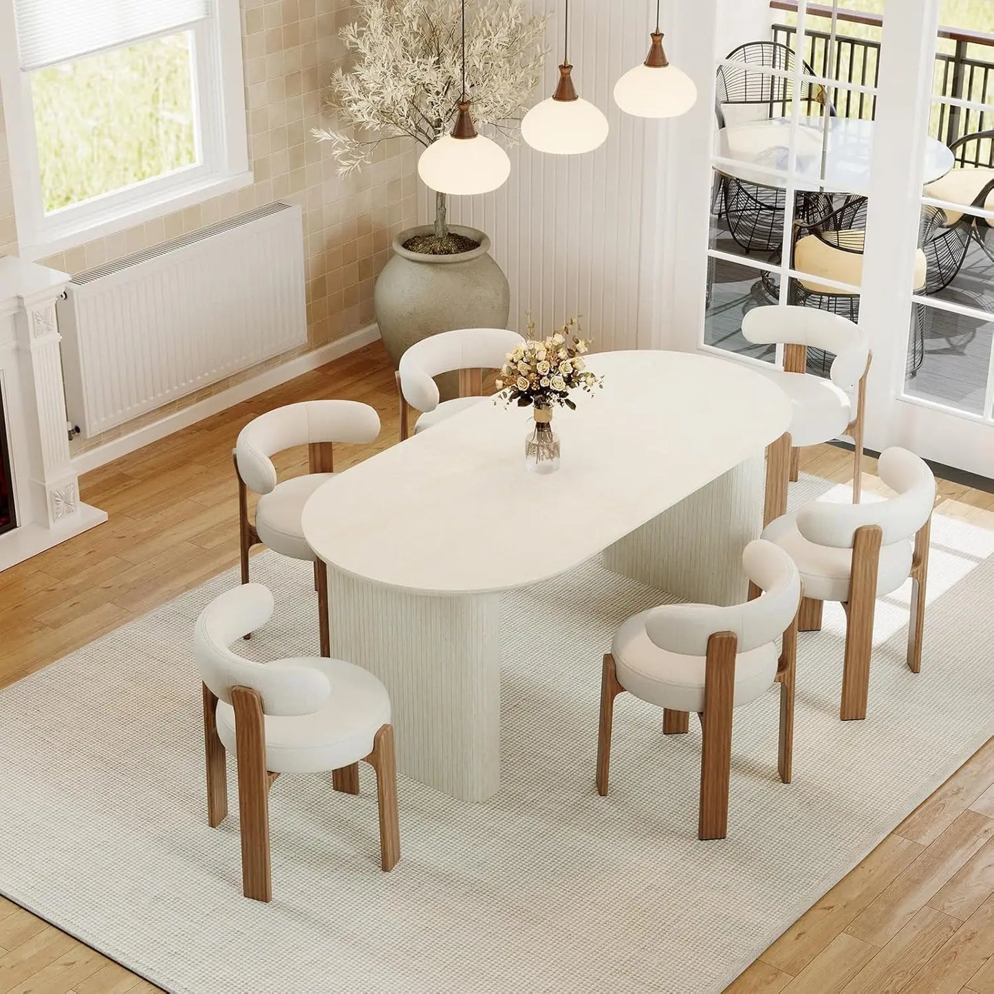 Extendable Oval Wooden Dining Table Seats 4-8 Curved Fluted Base 90in White Oak 4 Panels