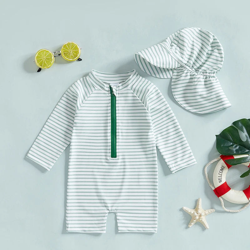 Infant Boys Girls Sun Protection Swimwear Set,Hat 2 Piece UV Rash Guard Zip Long Sleeve Crew Neck