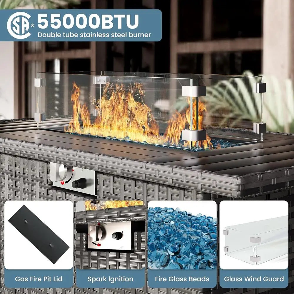 5-Piece Patio Set, Fire Pit Table, Outdoor Grey Wicker Rattan Sofa, 4 Thick Cushions, Grey Cover