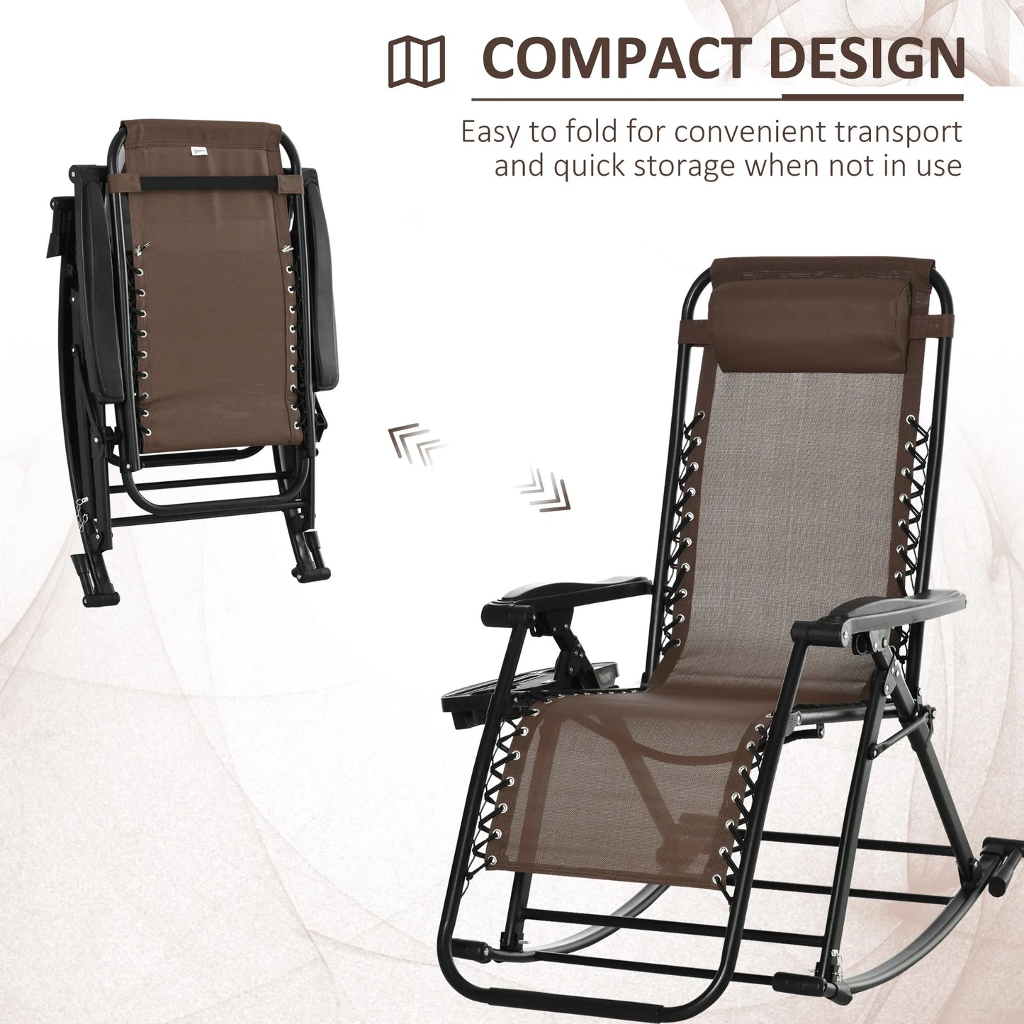 Zero Gravity Reclining Rocking Chair, Folding Lounge, Pillow, Cup Holder, Brown