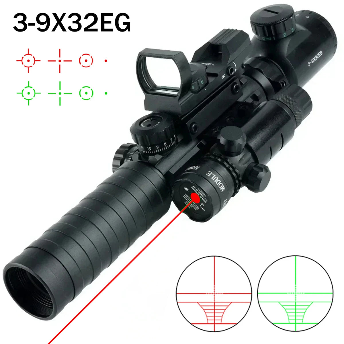 3-9X32EG Riflescope Laser Red Dot 3 in 1 Combo Optic Sight Red Green Illuminated Reflex 4 Reticle