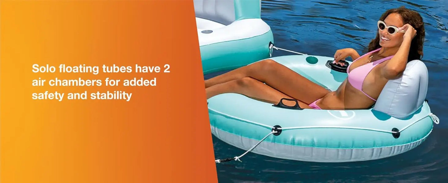 Laguna Splash Island Floating Water Raft, 2 Detachable Solo Lounge Tubes, Built-in Cupholders, Blue