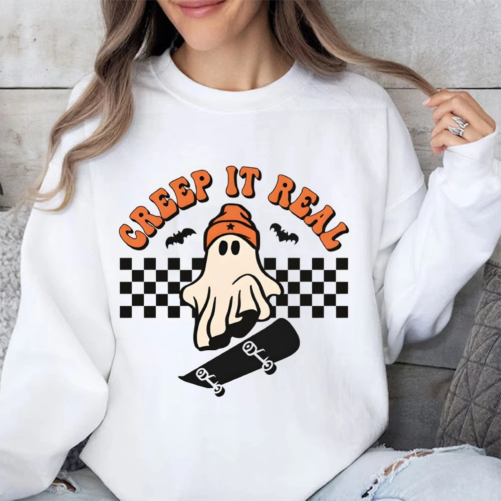 Retro Halloween Creep It Real Sweatshirts Ghost Skateboarding Graphic Sweater Top Fall Winter