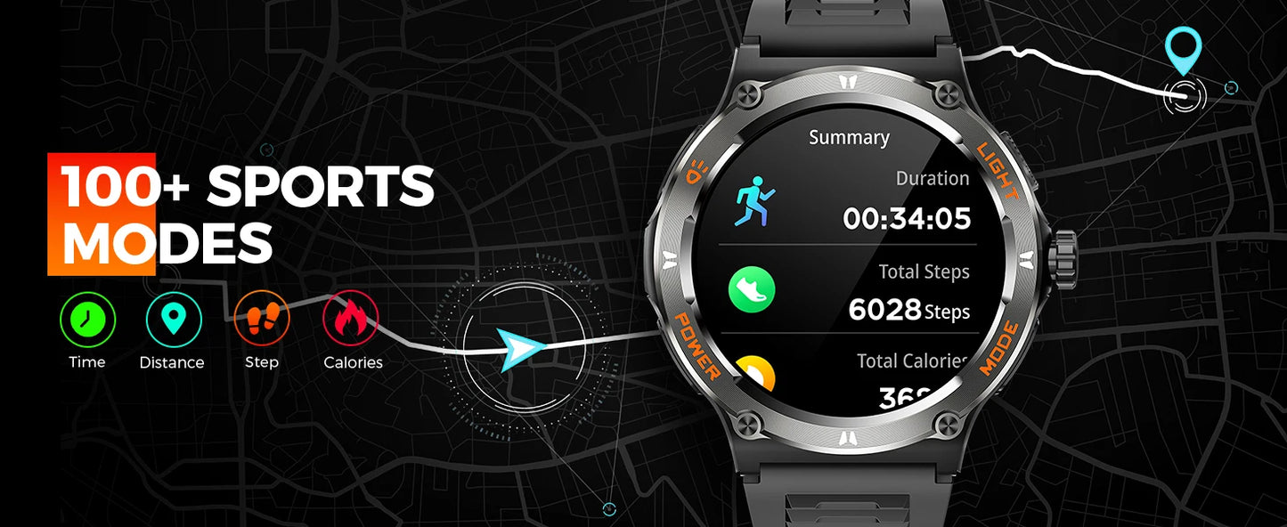 Smart Watch 3ATM Waterproof 1.53" KT76, Compass, LED Flashlight Heart Rate Sleep Analysis Bluetooth