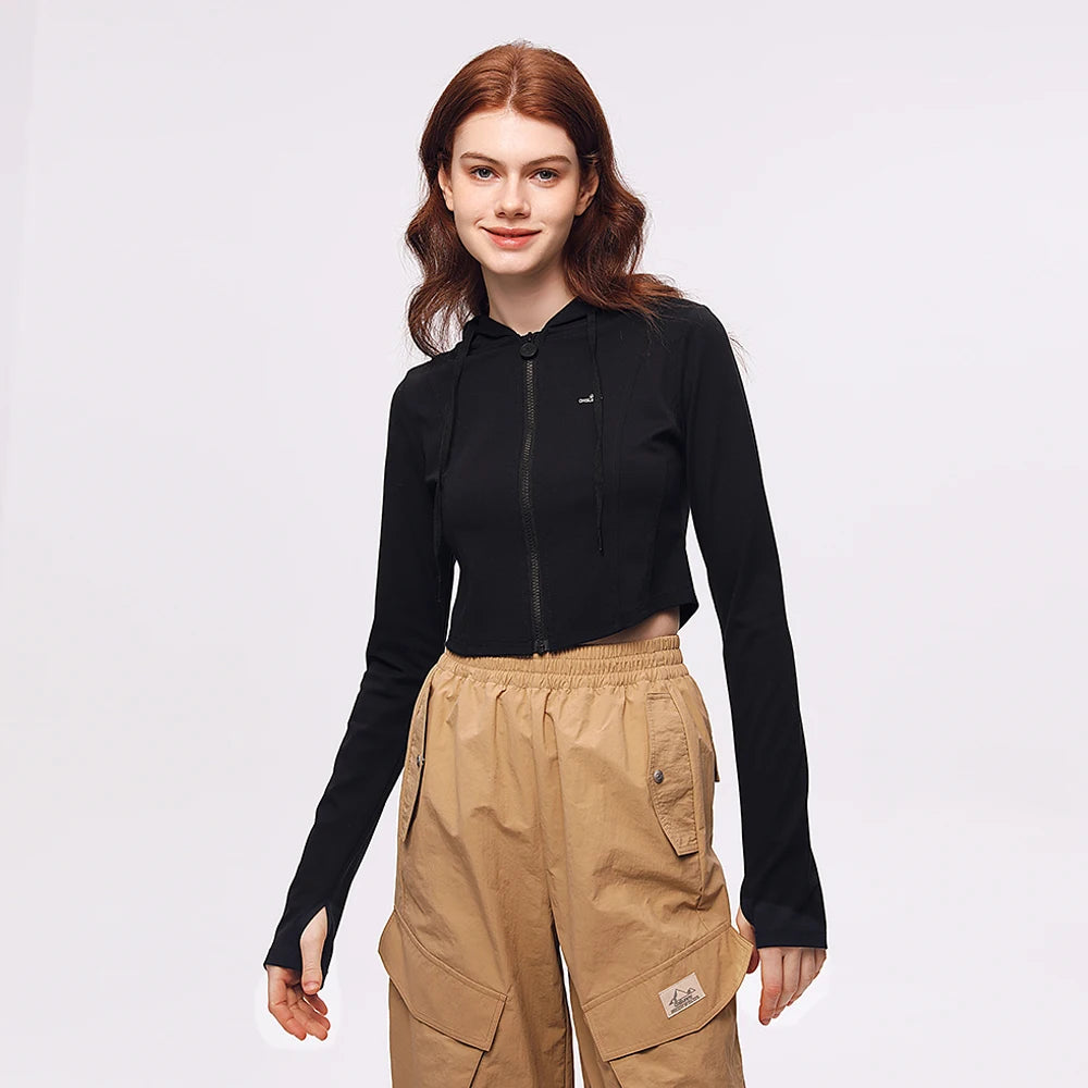OhSunny Short Workout Jacket for Women Summer UV Stretch Slim Clothing Sports Long-sleeved Hoodie