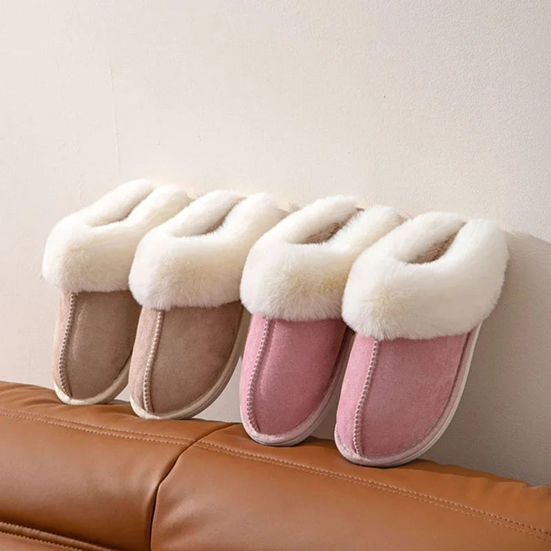 2025 Winter Warm Flat Fur Slippers Women Faux Suede  Slides Comfort Non Slip Indoor FloorCotton