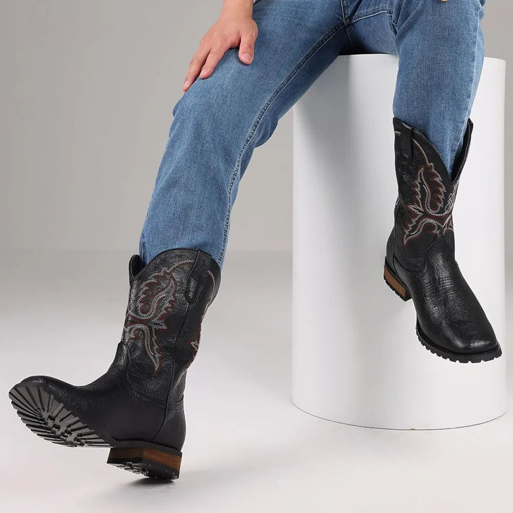 Plus size 12.5 New Fashion Retro Square Toe Neutral Cowboy Boots Luxury Embroidered Concise