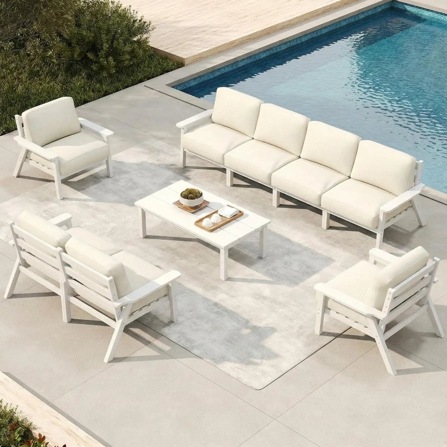 Patio Set 8 Seats, Outdoor Sectional, Beige Washable Thick Cushions, Coffee Table, Patio