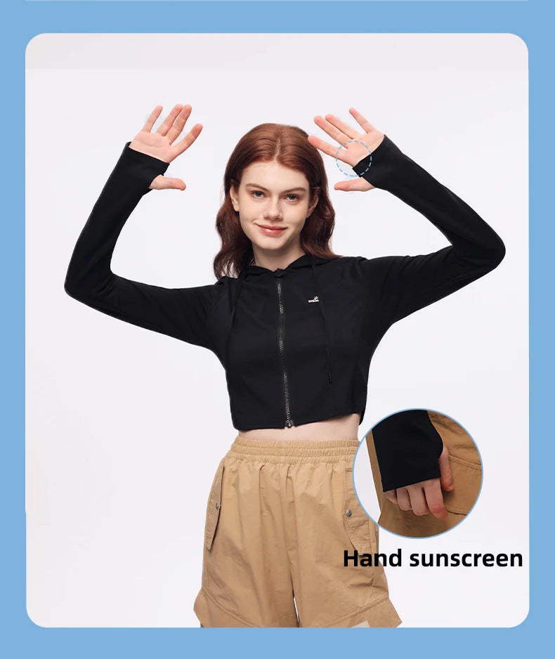 OhSunny Short Workout Jacket for Women Summer UV Stretch Slim Clothing Sports Long-sleeved Hoodie