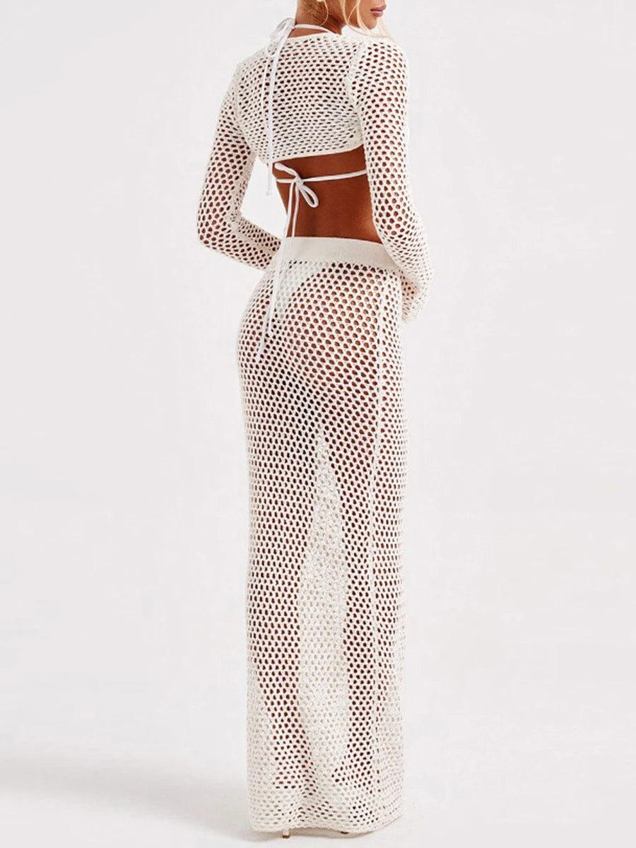 Women s 2 Piece Swimsuit Set Long Sleeve Shrug Tops Elastic Waist Beach Cover Up Skirt Outfits r