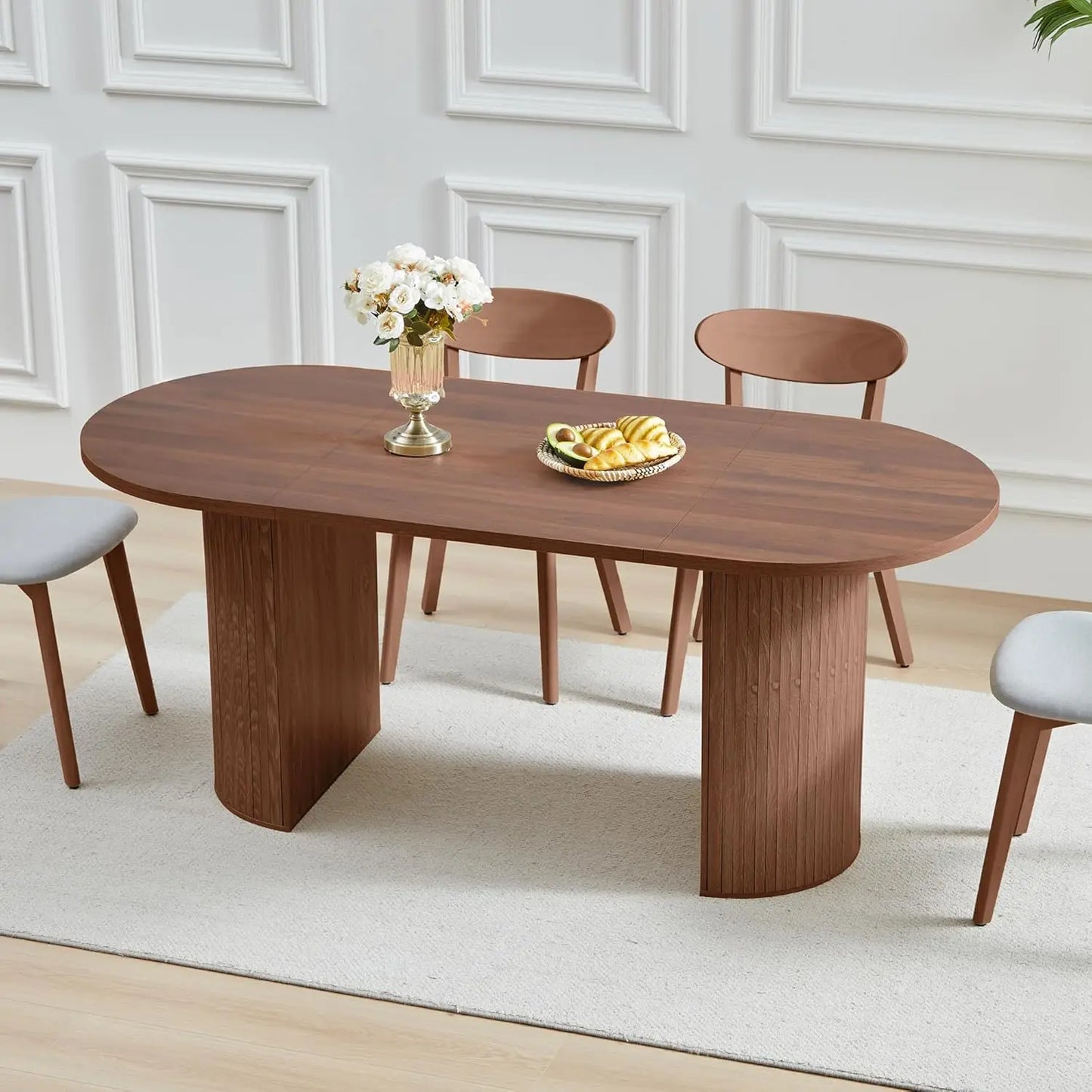 41 in-78 in Extendable Dining Room Table, 4-8, Round Expandable Table, Fluted Base, Modern Farmhouse