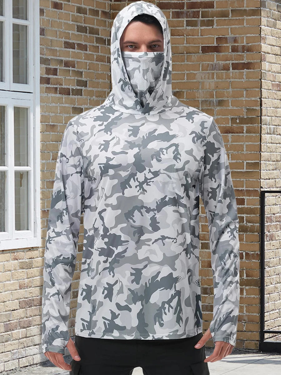 Men s Fishing Shirt Camo Print Hoodie, Built-in Face Mask Sun Protection, Hiking and Running