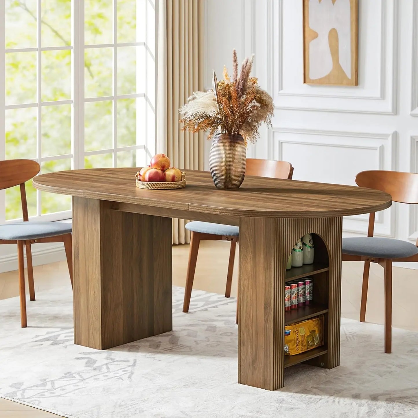 41 in-78 in Extendable Dining Room Table, 4-8, Round Expandable Table, Fluted Base, Modern Farmhouse
