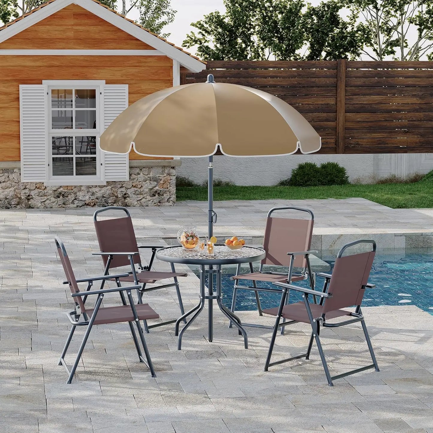 6 Piece Patio Dining for 4, Umbrella, Outdoor Table & 4 Folding Dining Chairs & Round Glass Table