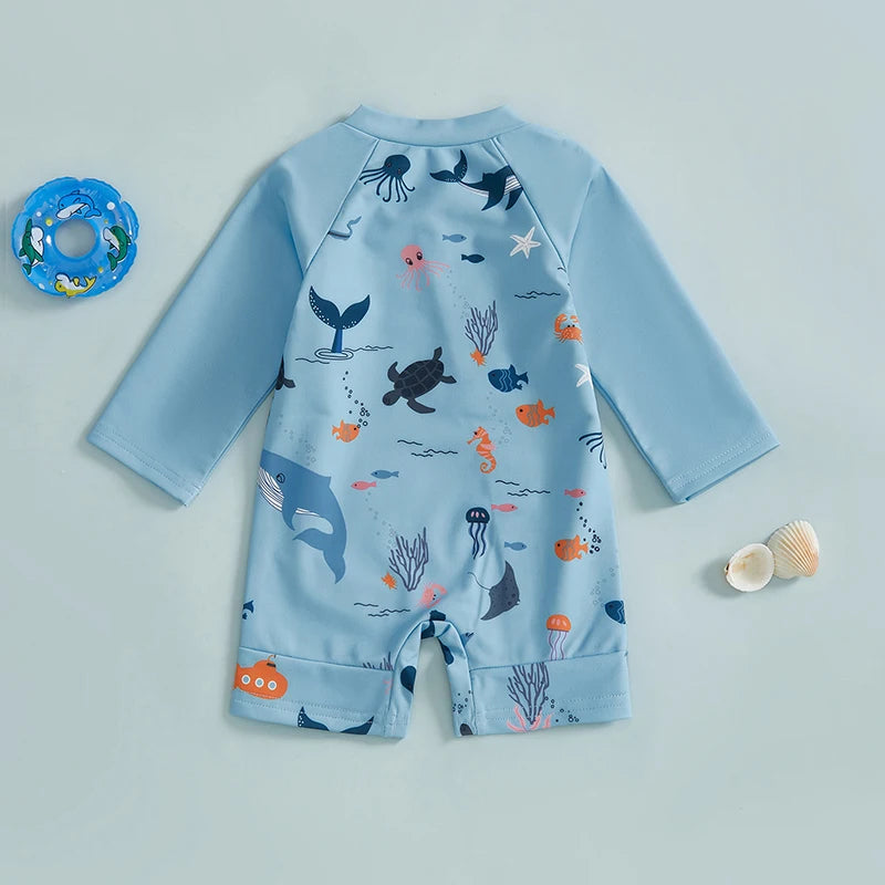 Toddler Boy UV Protection Rash Guard Swimsuit Set with Long Sleeve Zip Animal Print