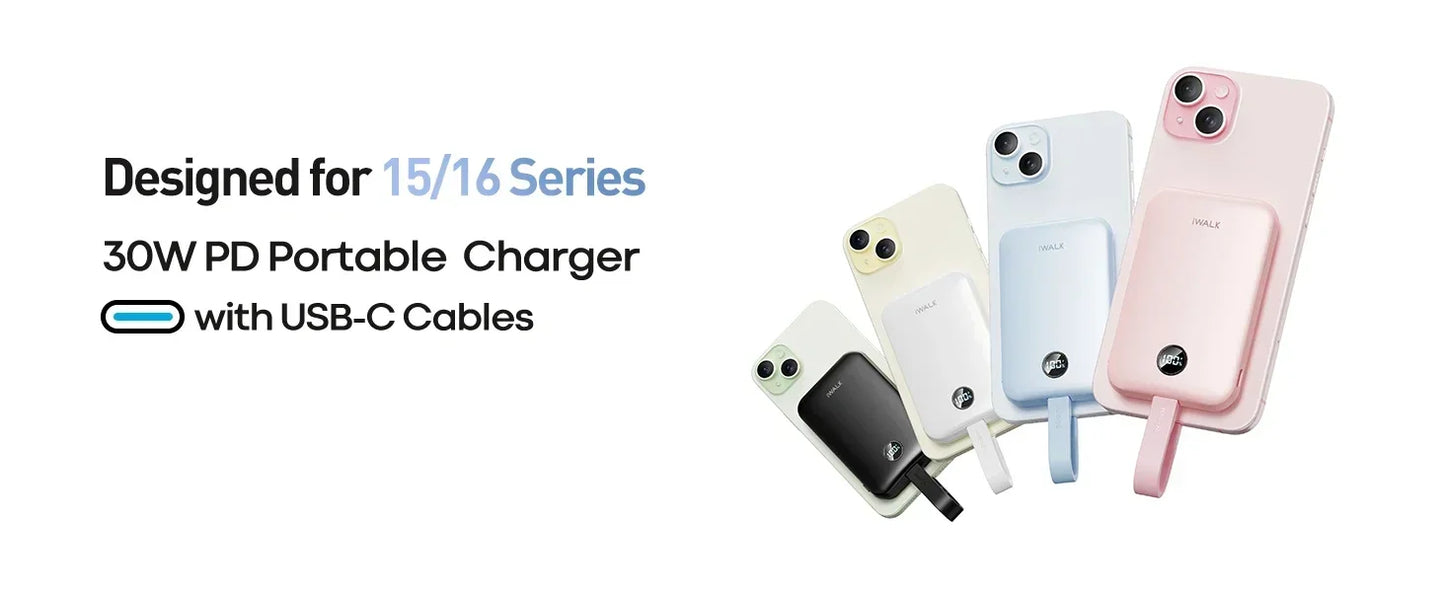 iWALK Magnetic Portable Charger 10000mAh: 15W Wireless 30W Fast Charging USB-C Cable iPhone,Samsung
