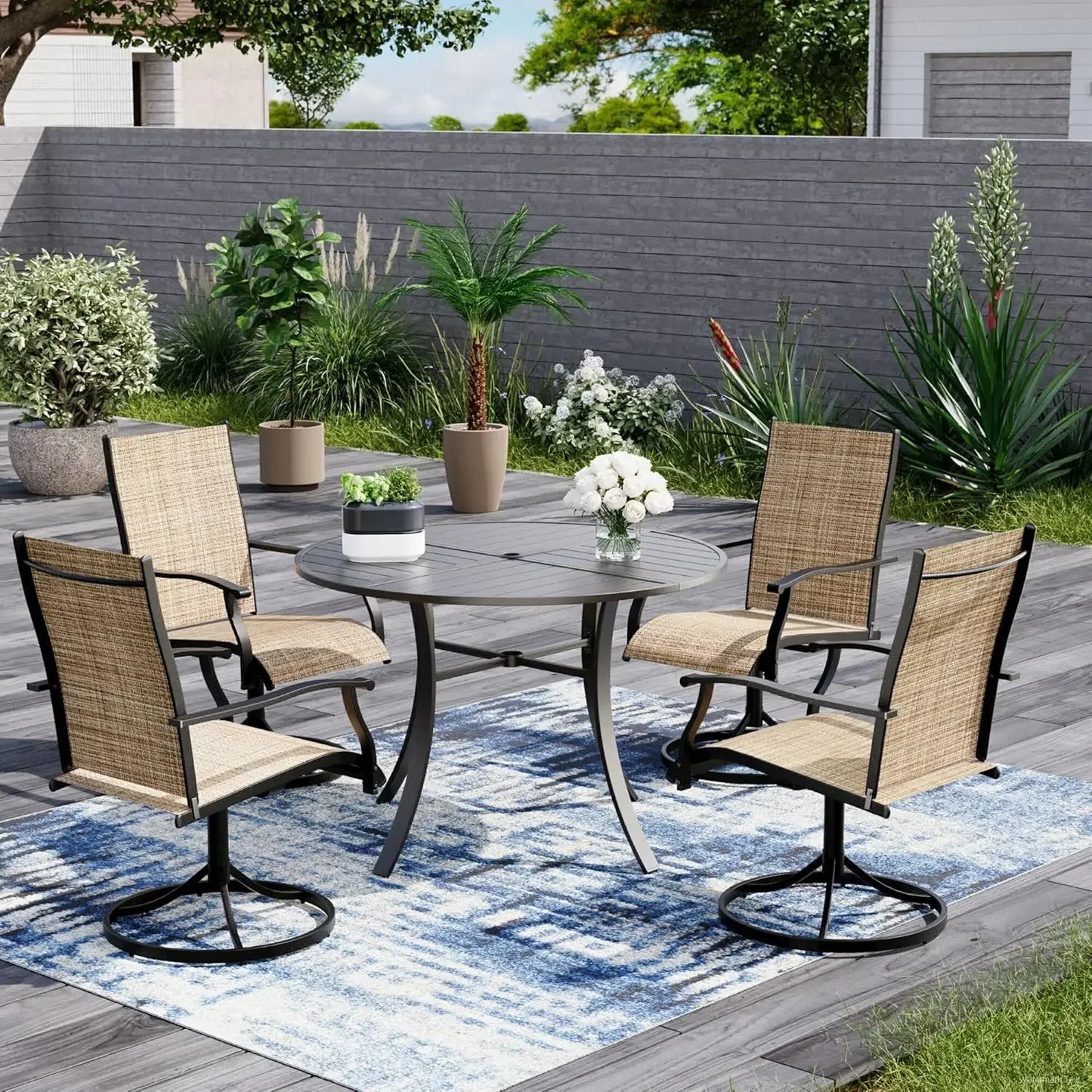 7-Piece Outdoor Dining Set – 6 Swivel Rocking Chairs & Large Aluminum Table w/Umbrella Hole (128c)