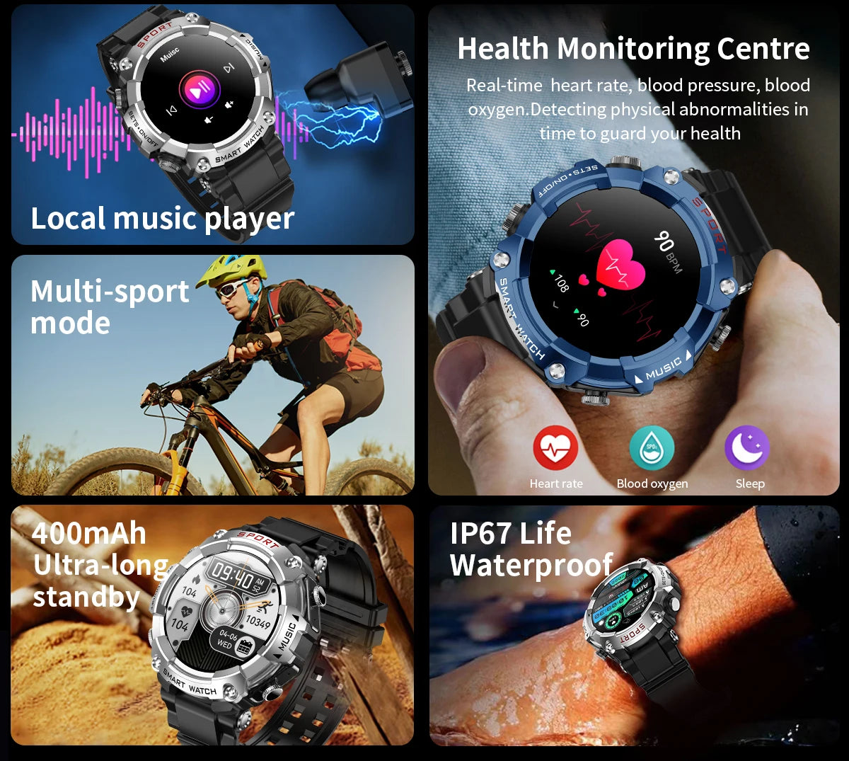 Smart Watch AMOLED Display In-Ear Bluetooth Headset Heart Rate Blood P, Oxygen Sat. Monitoring HD