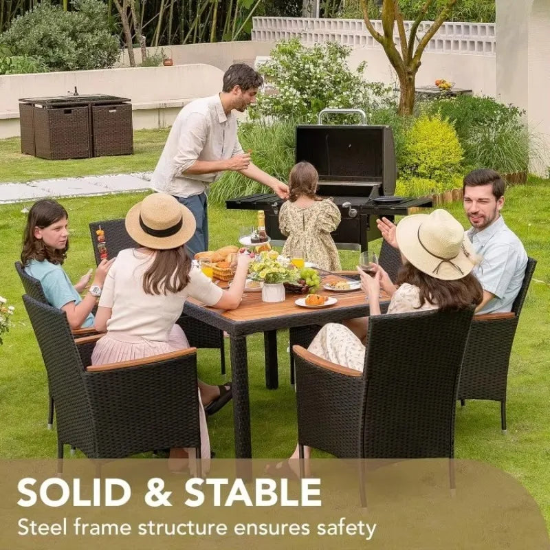 HOT-Dining 7 PCS Furniture, Patio Conversation Set, Acacia Wood Table Top, Rattan Outdoor, Black