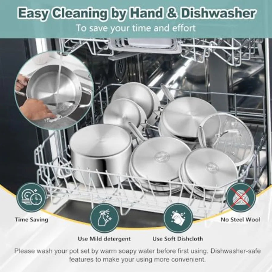 3Ply Stainless Steel Pots,Pans,10 Pcs Stainless Cookware Kitchen Induction Nontoxic Kitchen Cooking