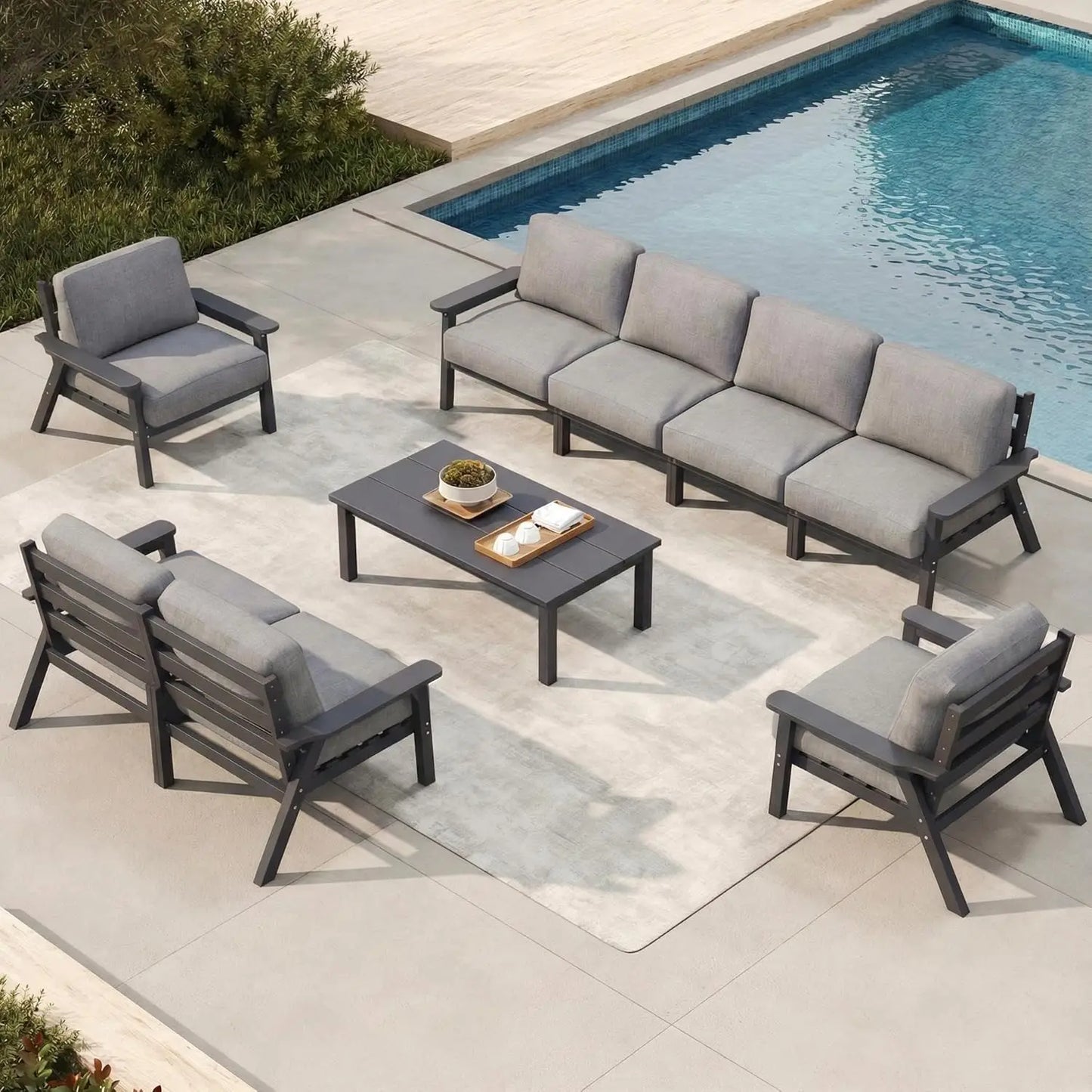Patio Set 8 Seats, Outdoor Sectional, Beige Washable Thick Cushions, Coffee Table, Patio