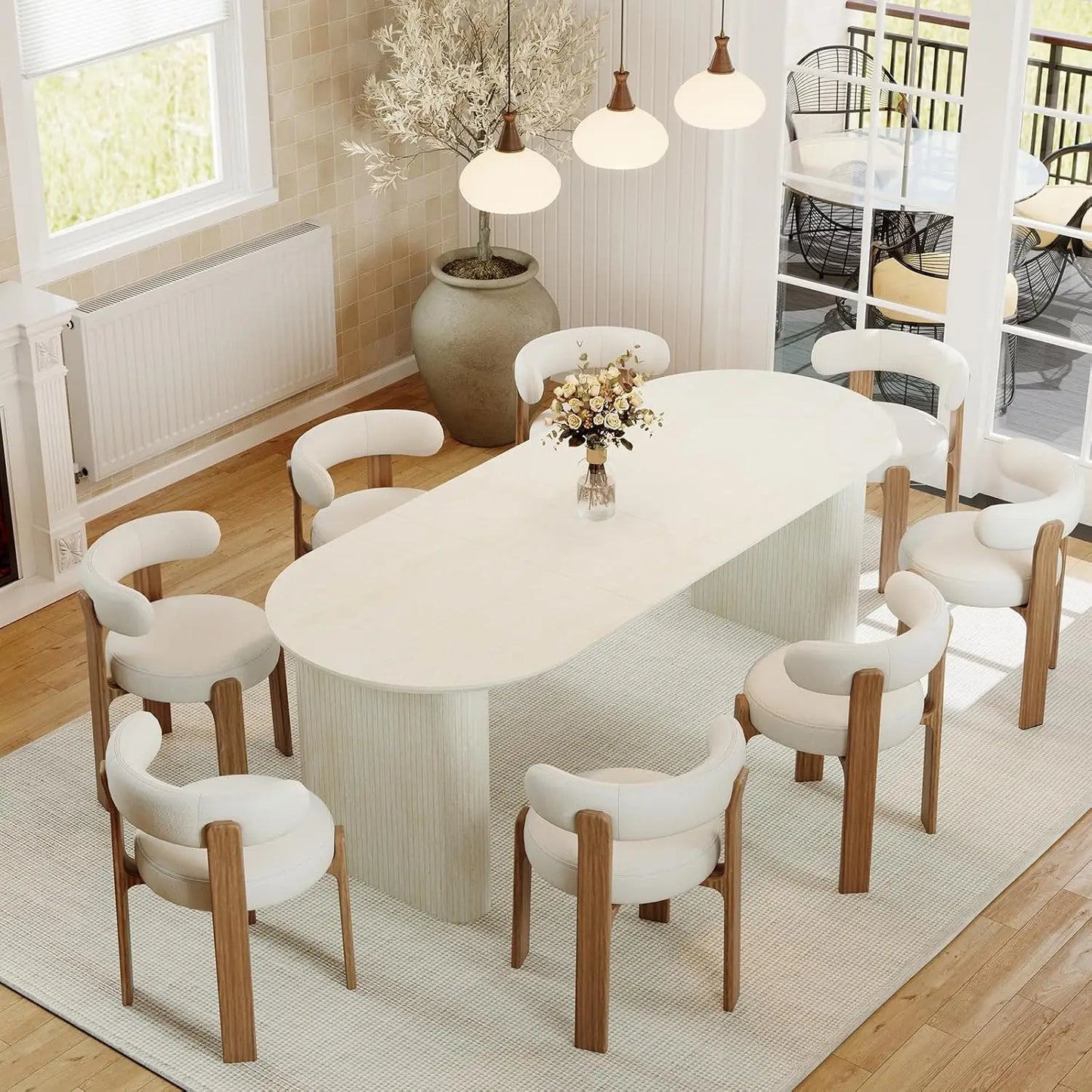 Extendable Oval Wooden Dining Table Seats 4-8 Curved Fluted Base 90in White Oak 4 Panels