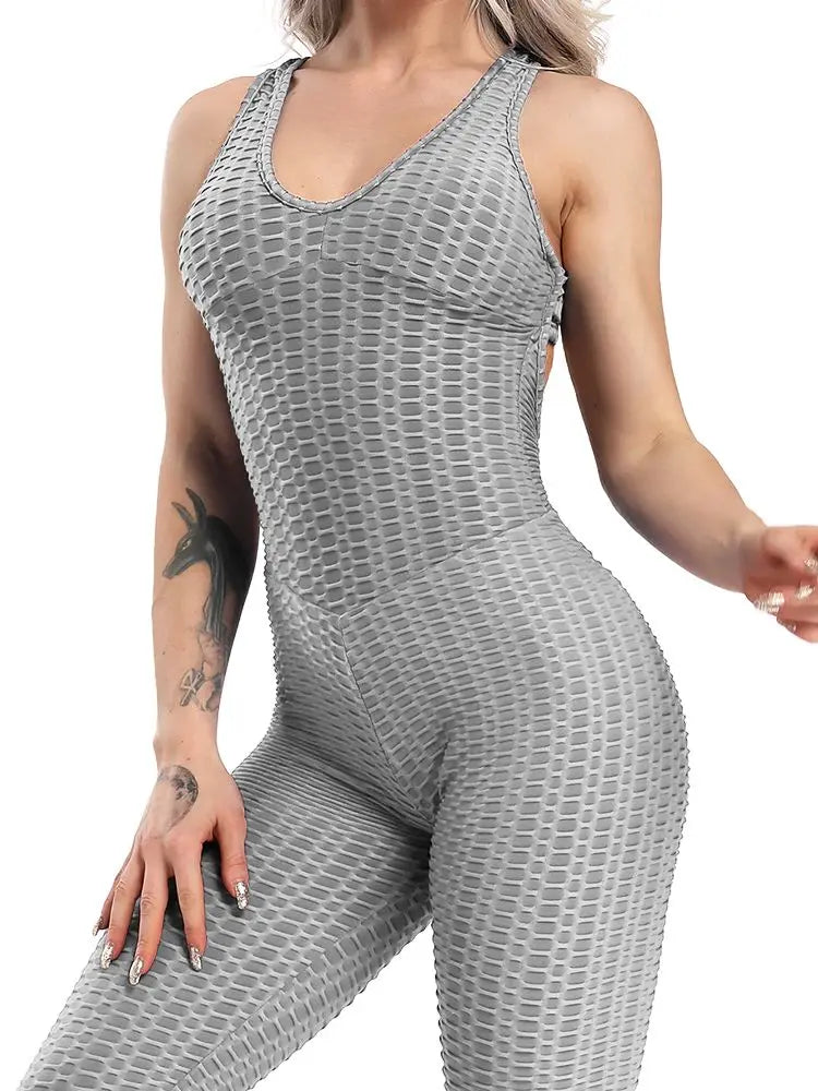 Women Jumpsuit Sleeveless Backcross Short Bodysuit Jacquard Backless Workout