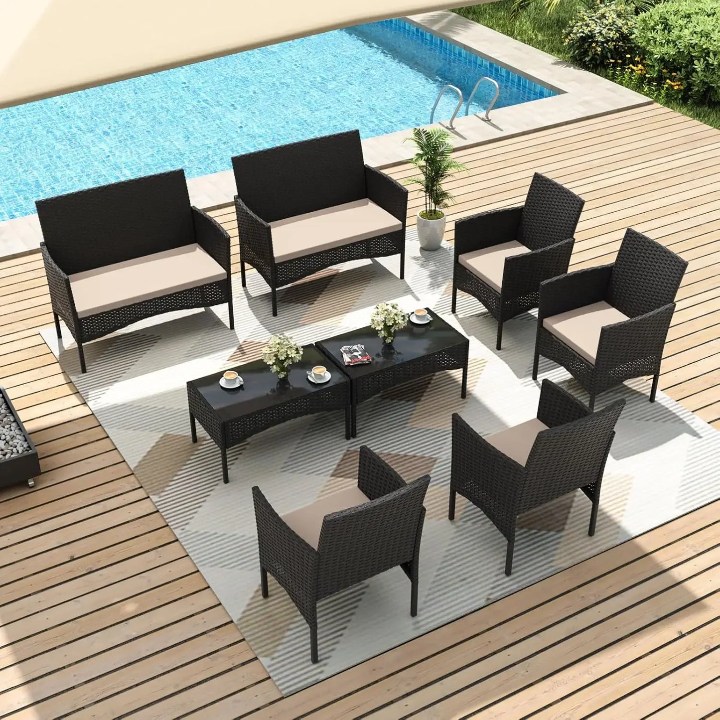 Premium 4-piece patio, wicker conversation set, 2 rattan chairs1 loveseat 1 coffee table remove cush