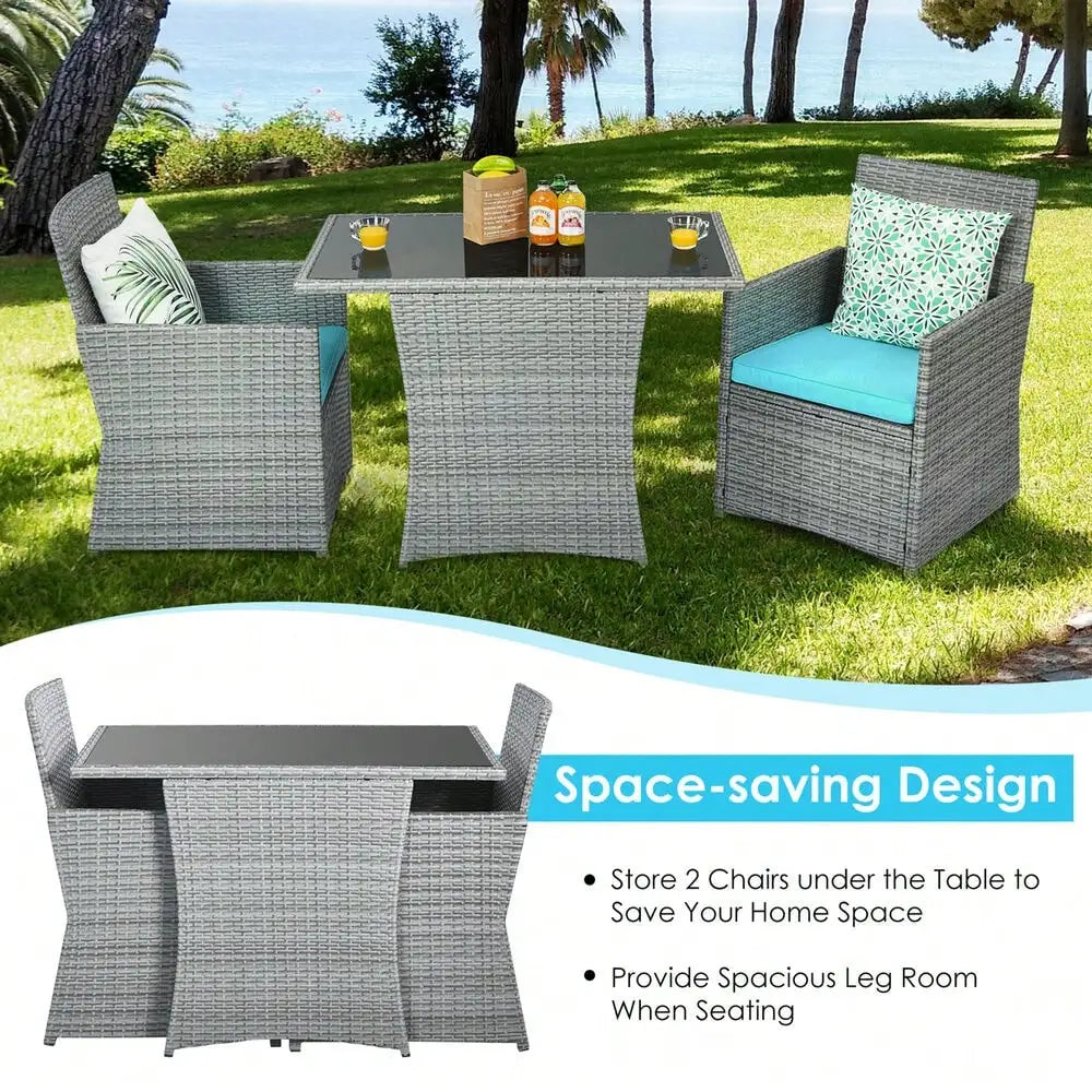 3PCS Outdoor Rattan Conversation Set Patio Dining Table Set w/ Turquoise