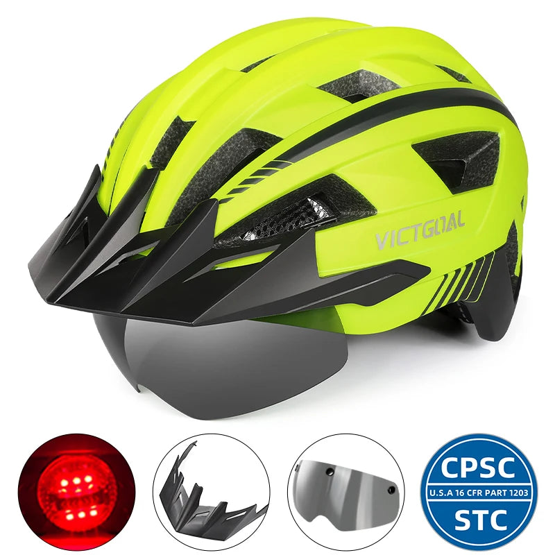 Safety Helmet,Men Women Visor Goggles LED Rear Light,Mountain,Bicycle  Racing Cycling Helmets