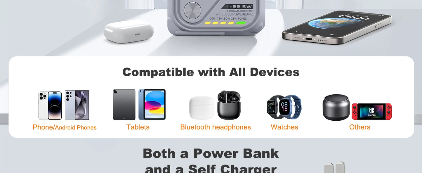 Fast Charging 10000mAh Magnetic Wireless Power Bank USB Type-C Detachable Data Cable Phone Holder
