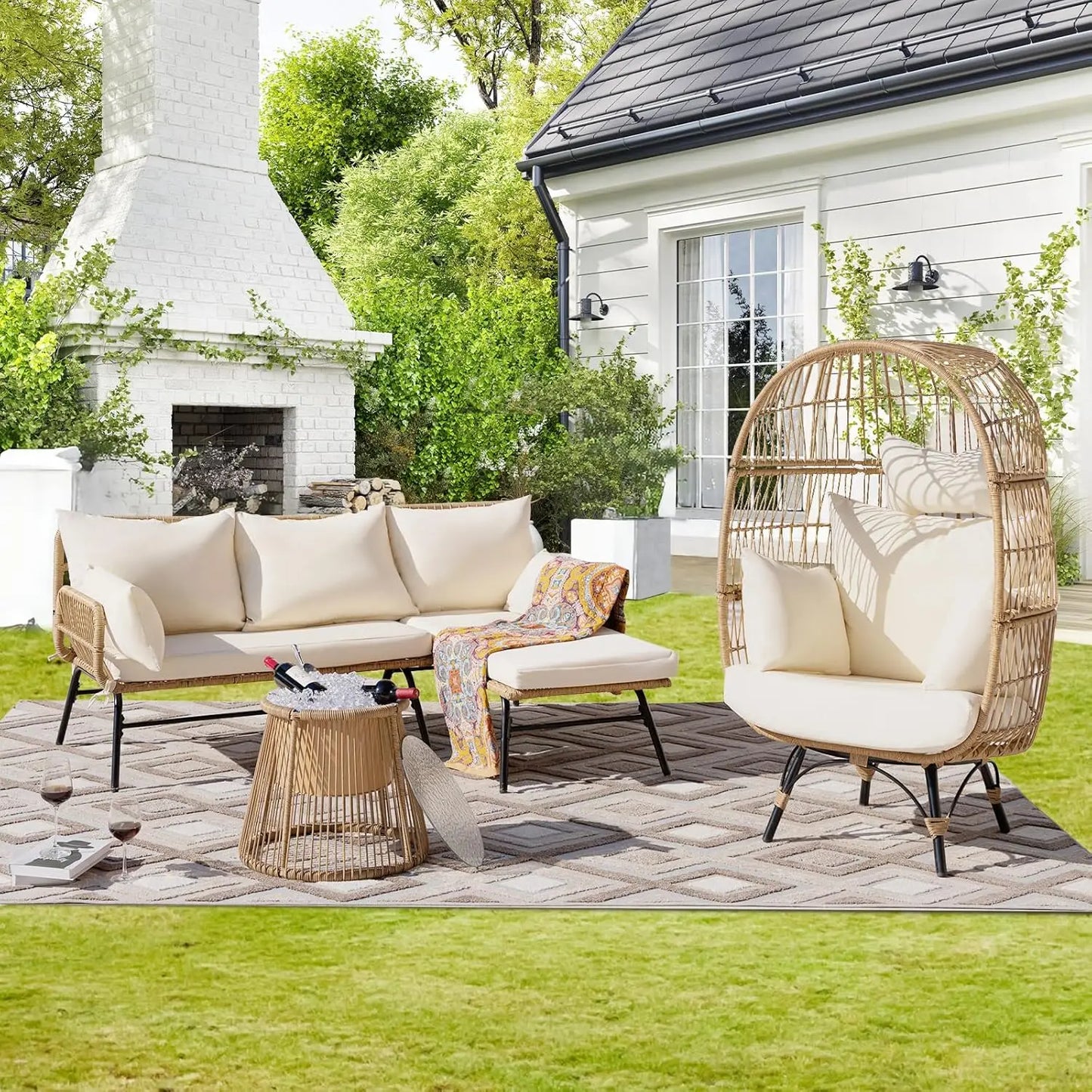 7-piece Bohemian Courtyard Furniture Sofa ,Including Egg Chairs, L-shaped Leisure Chairs, Cushions