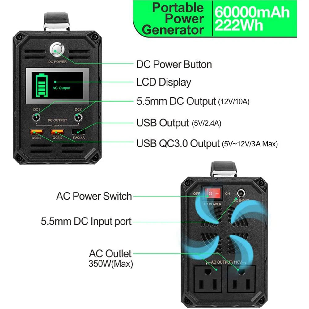 300W Solar Generator 222Wh Portable Power Station 60000mAh Rechargeable Lithium Battery Bank